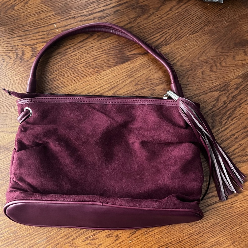 Victoria’s Secret Red Maroon Faux Suede Handbag Double Handle Tassel Zipper Pull